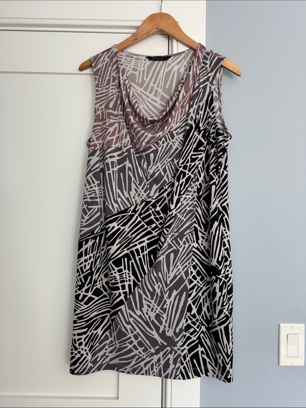 BCBGMaxAzria Black, Gray and Mauve Abstract Cowl Neck Mini Dress